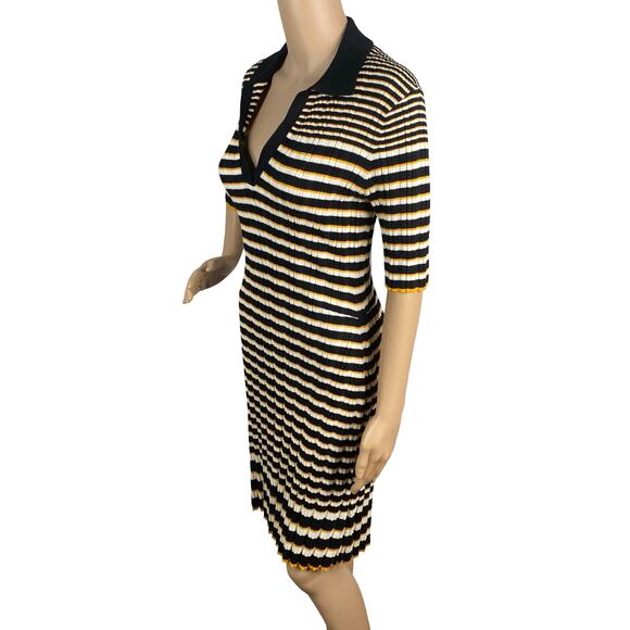 Theory Hudson Irregular Rib Dress M Black Ivory Gold Stripe Polo Collar Mini - Picture 8 of 12